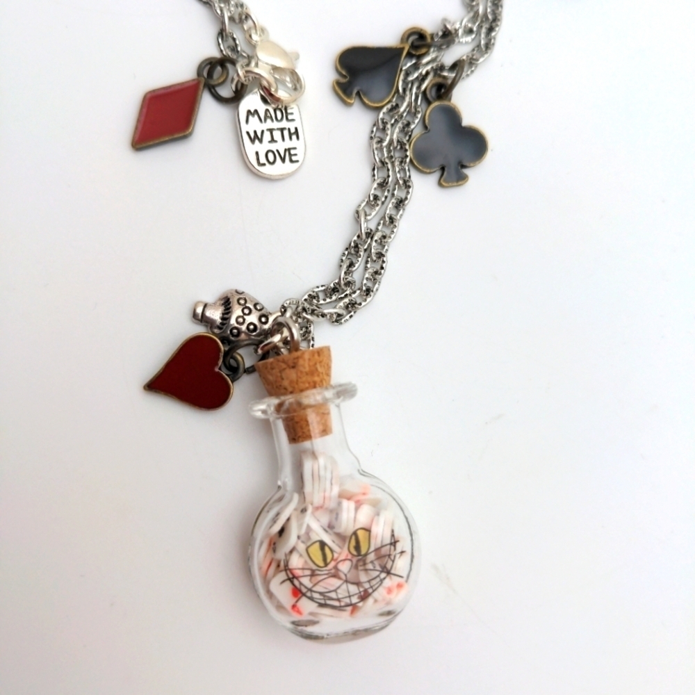 381MIDALANE Alice in Wonderland Cheshire Cat Multi-Charms Necklace